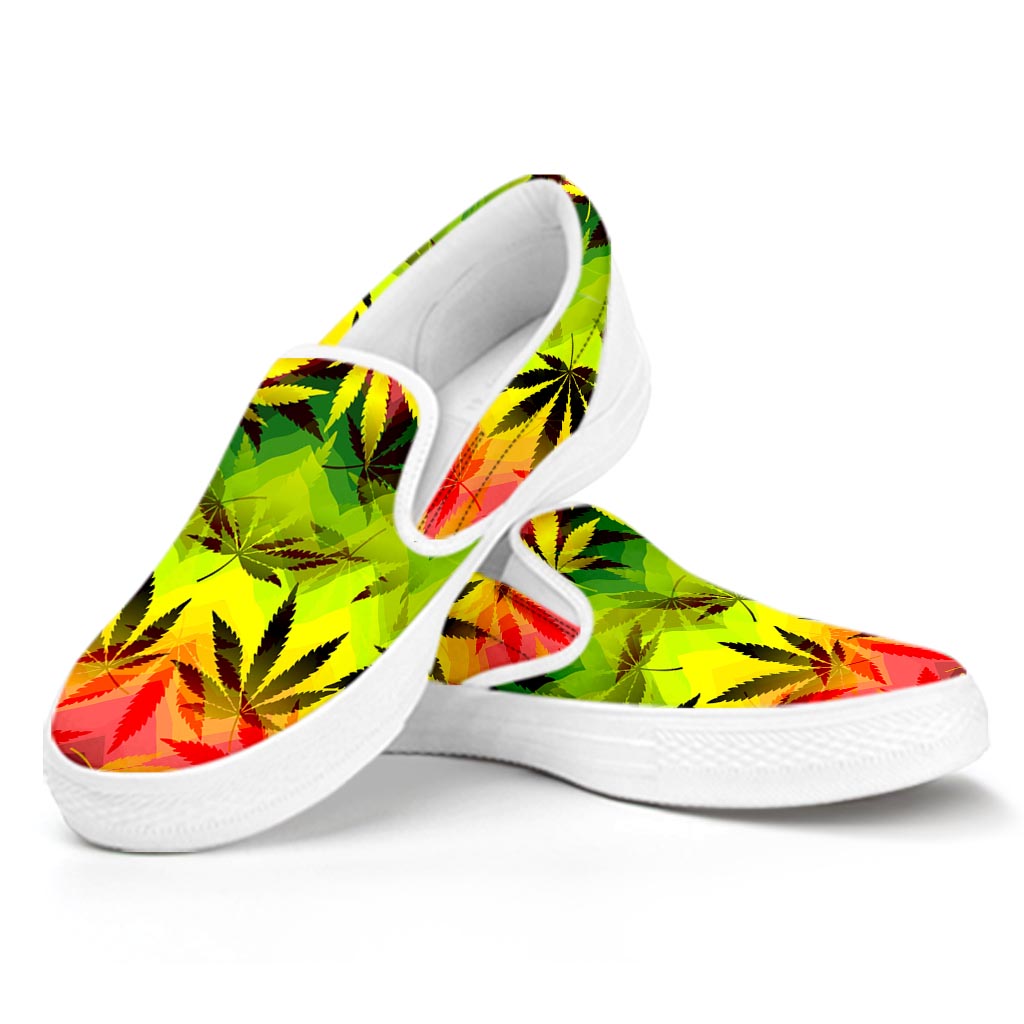 Hemp Leaf Reggae Pattern Print White Slip On Sneakers