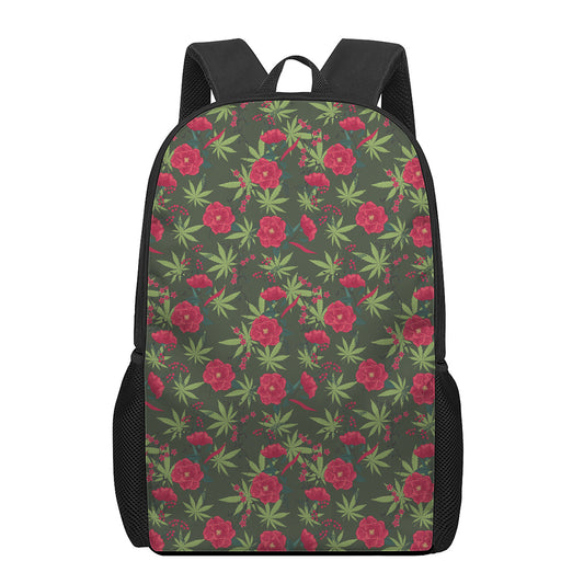 Hemp Leaves And Flowers Pattern Print 17 Inch Backpack
