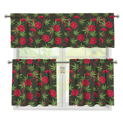 Hemp Leaves And Flowers Pattern Print 3 Piece Kitchen Curtains