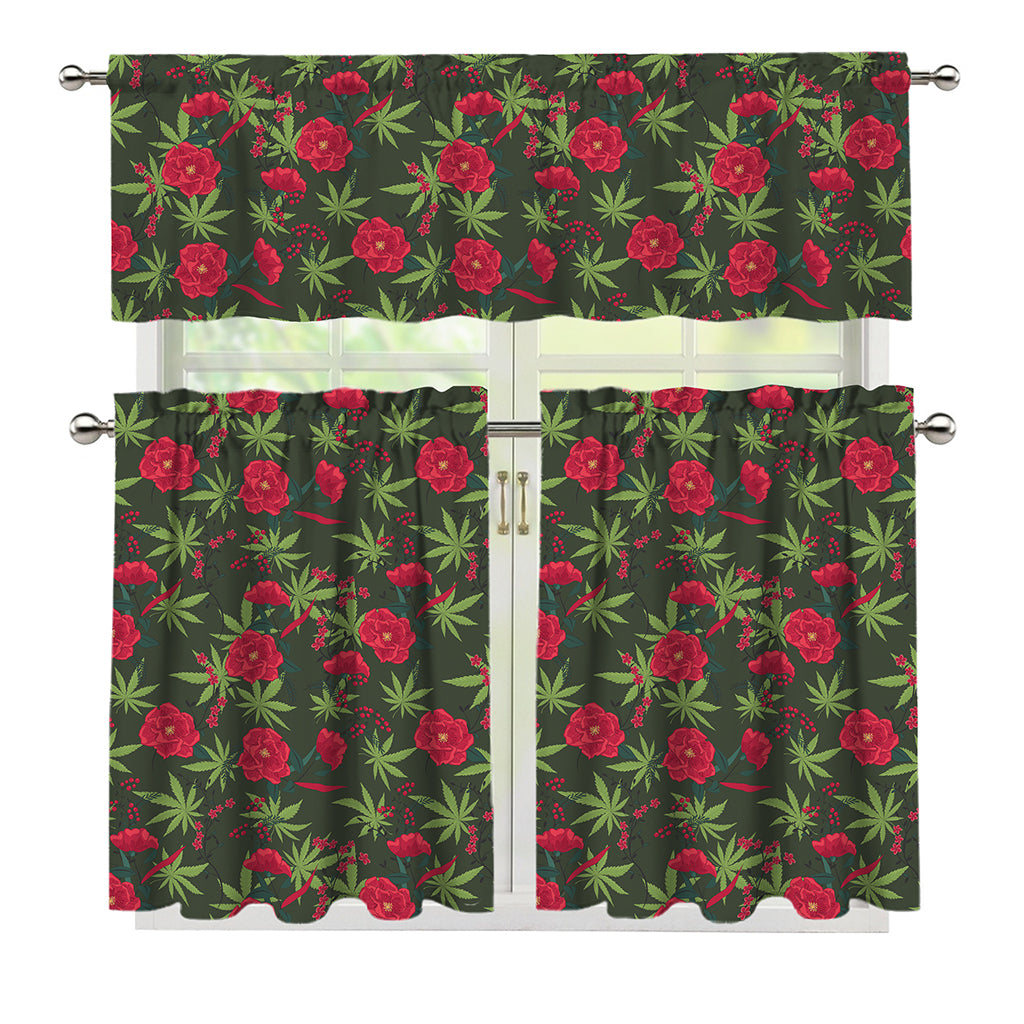 Hemp Leaves And Flowers Pattern Print 3 Piece Kitchen Curtains