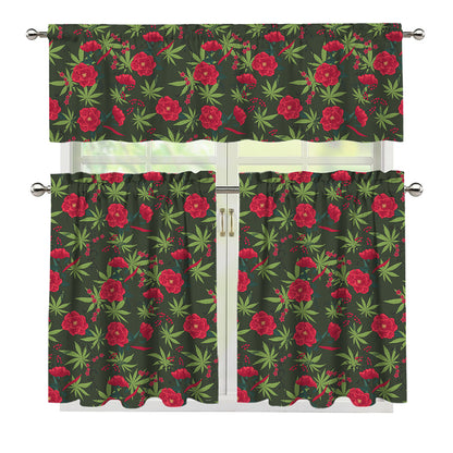Hemp Leaves And Flowers Pattern Print 3 Piece Kitchen Curtains