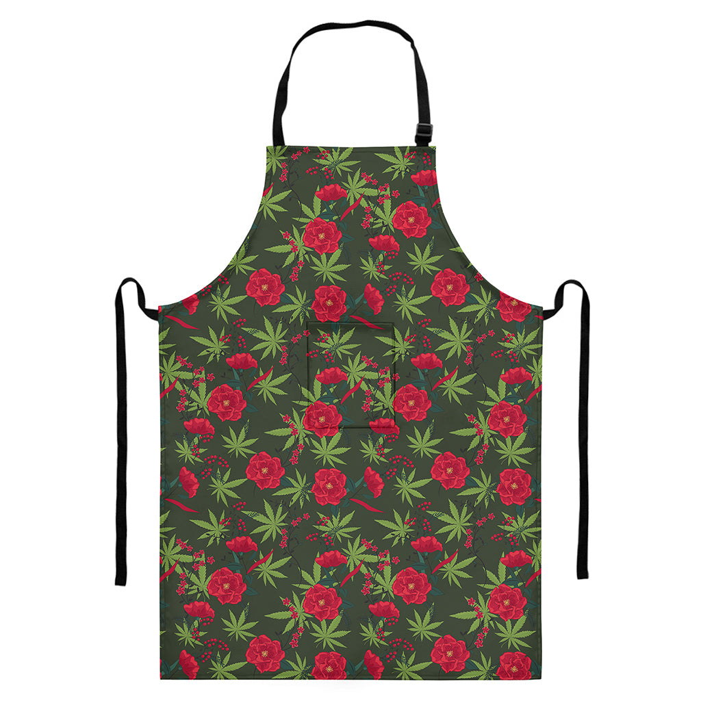 Hemp Leaves And Flowers Pattern Print Bib Apron With Pocket