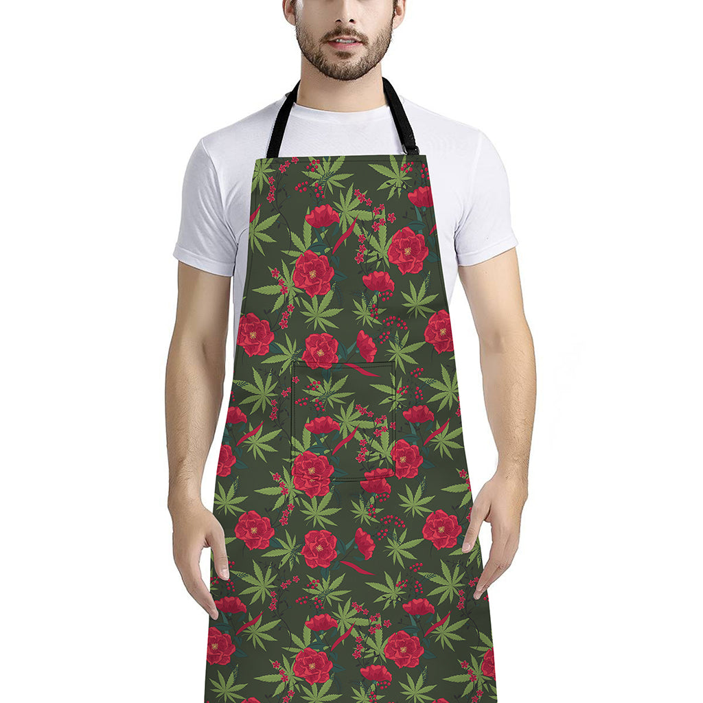 Hemp Leaves And Flowers Pattern Print Bib Apron With Pocket