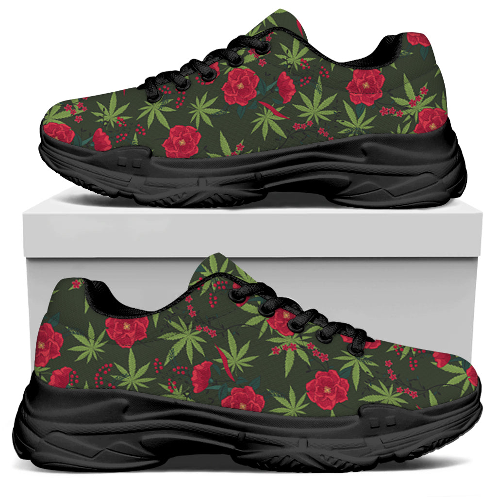 Hemp Leaves And Flowers Pattern Print Black Chunky Shoes