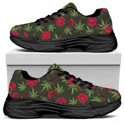 Hemp Leaves And Flowers Pattern Print Black Chunky Shoes