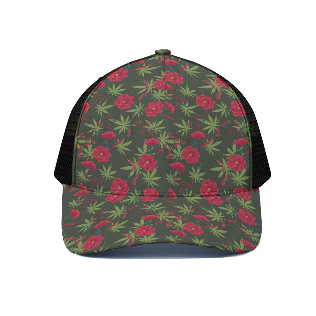 Hemp Leaves And Flowers Pattern Print Black Mesh Trucker Cap