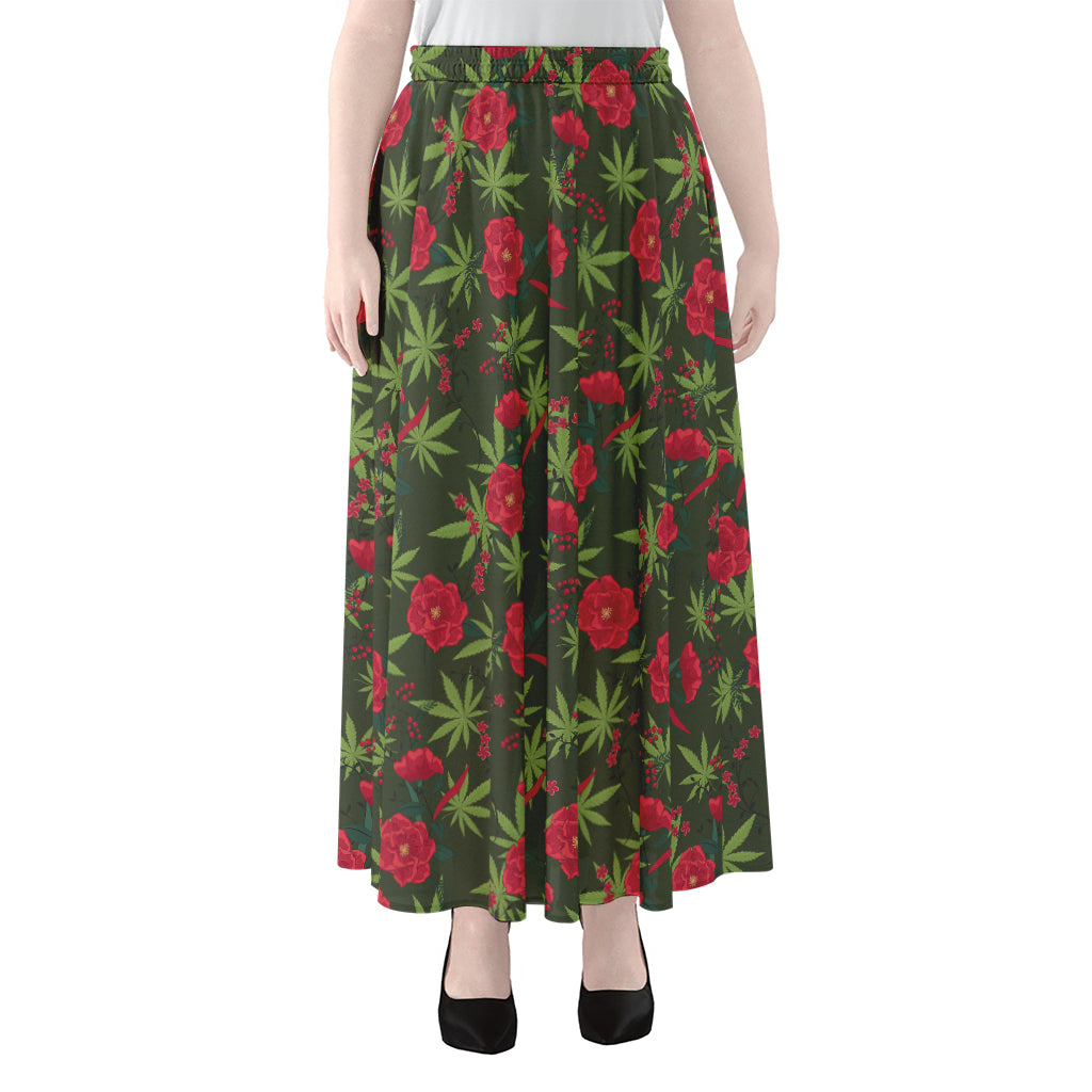 Hemp Leaves And Flowers Pattern Print Chiffon Maxi Skirt
