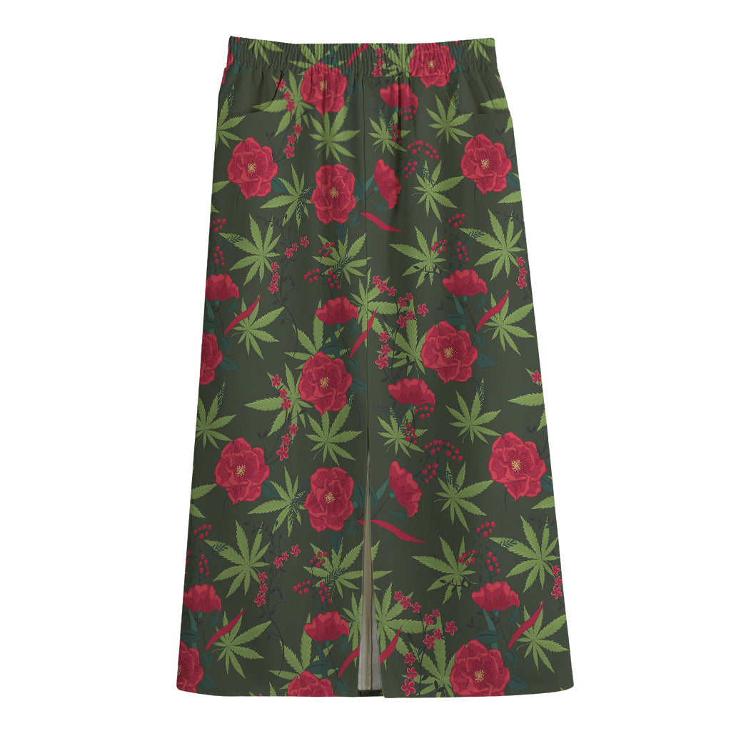 Hemp Leaves And Flowers Pattern Print Cotton Front Slit Maxi Skirt