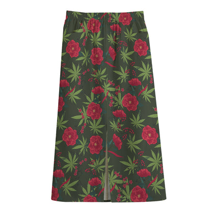 Hemp Leaves And Flowers Pattern Print Cotton Front Slit Maxi Skirt