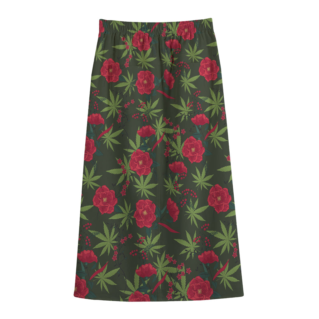 Hemp Leaves And Flowers Pattern Print Cotton Front Slit Maxi Skirt