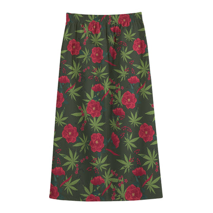 Hemp Leaves And Flowers Pattern Print Cotton Front Slit Maxi Skirt