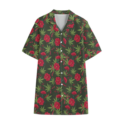 Hemp Leaves And Flowers Pattern Print Cotton Hawaiian Shirt
