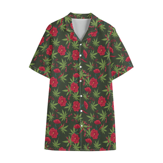 Hemp Leaves And Flowers Pattern Print Cotton Hawaiian Shirt