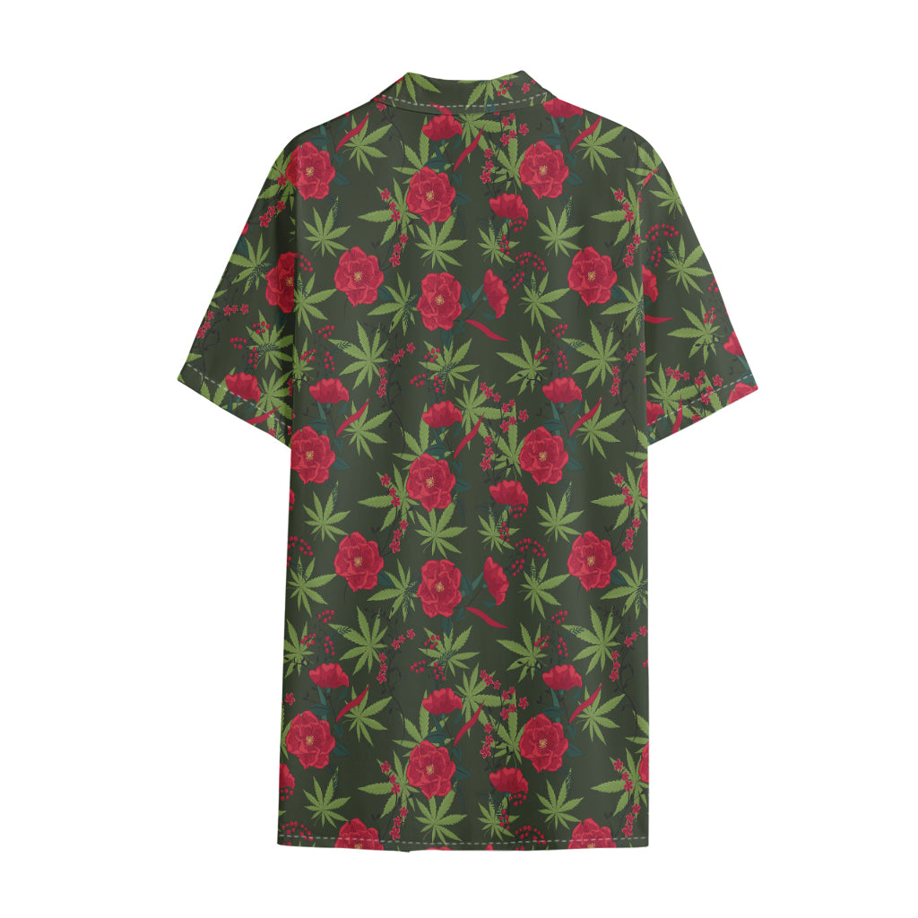 Hemp Leaves And Flowers Pattern Print Cotton Hawaiian Shirt