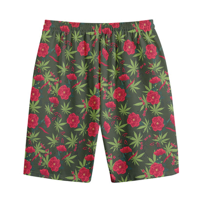 Hemp Leaves And Flowers Pattern Print Cotton Shorts