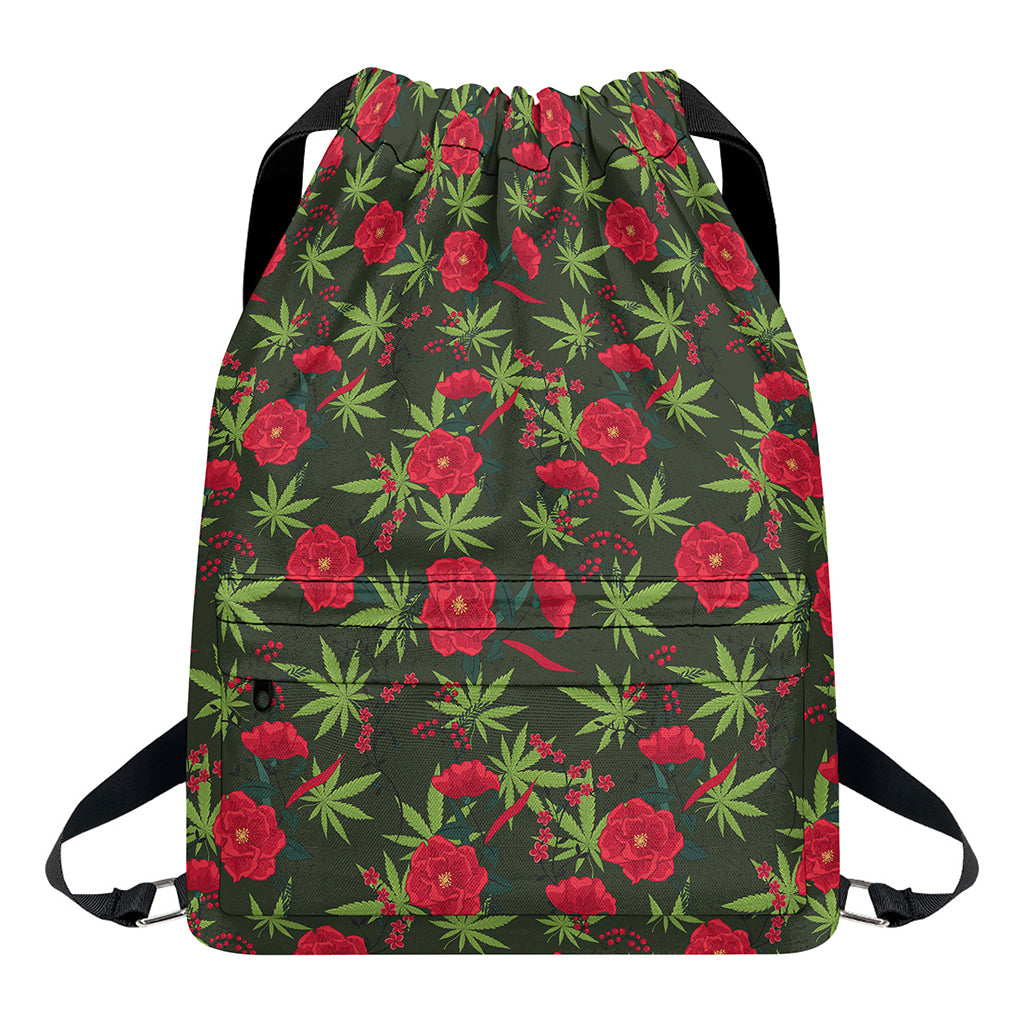 Hemp Leaves And Flowers Pattern Print Drawstring Backpack