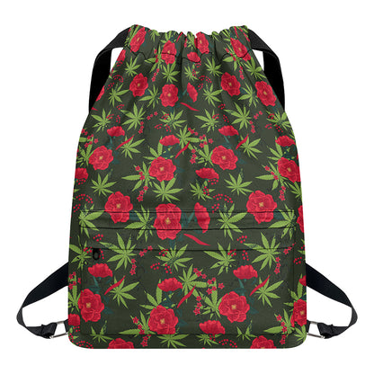 Hemp Leaves And Flowers Pattern Print Drawstring Backpack