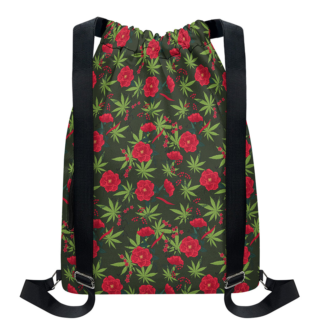 Hemp Leaves And Flowers Pattern Print Drawstring Backpack