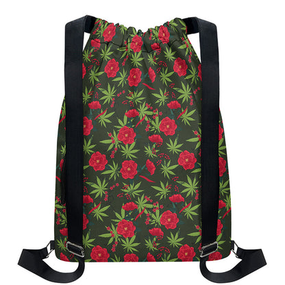 Hemp Leaves And Flowers Pattern Print Drawstring Backpack