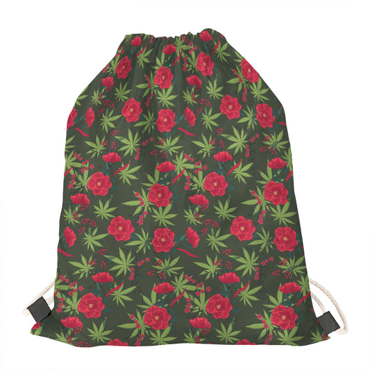 Hemp Leaves And Flowers Pattern Print Drawstring Bag