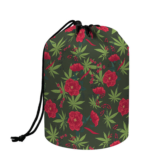 Hemp Leaves And Flowers Pattern Print Drawstring Makeup Bag