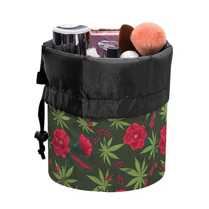 Hemp Leaves And Flowers Pattern Print Drawstring Makeup Bag