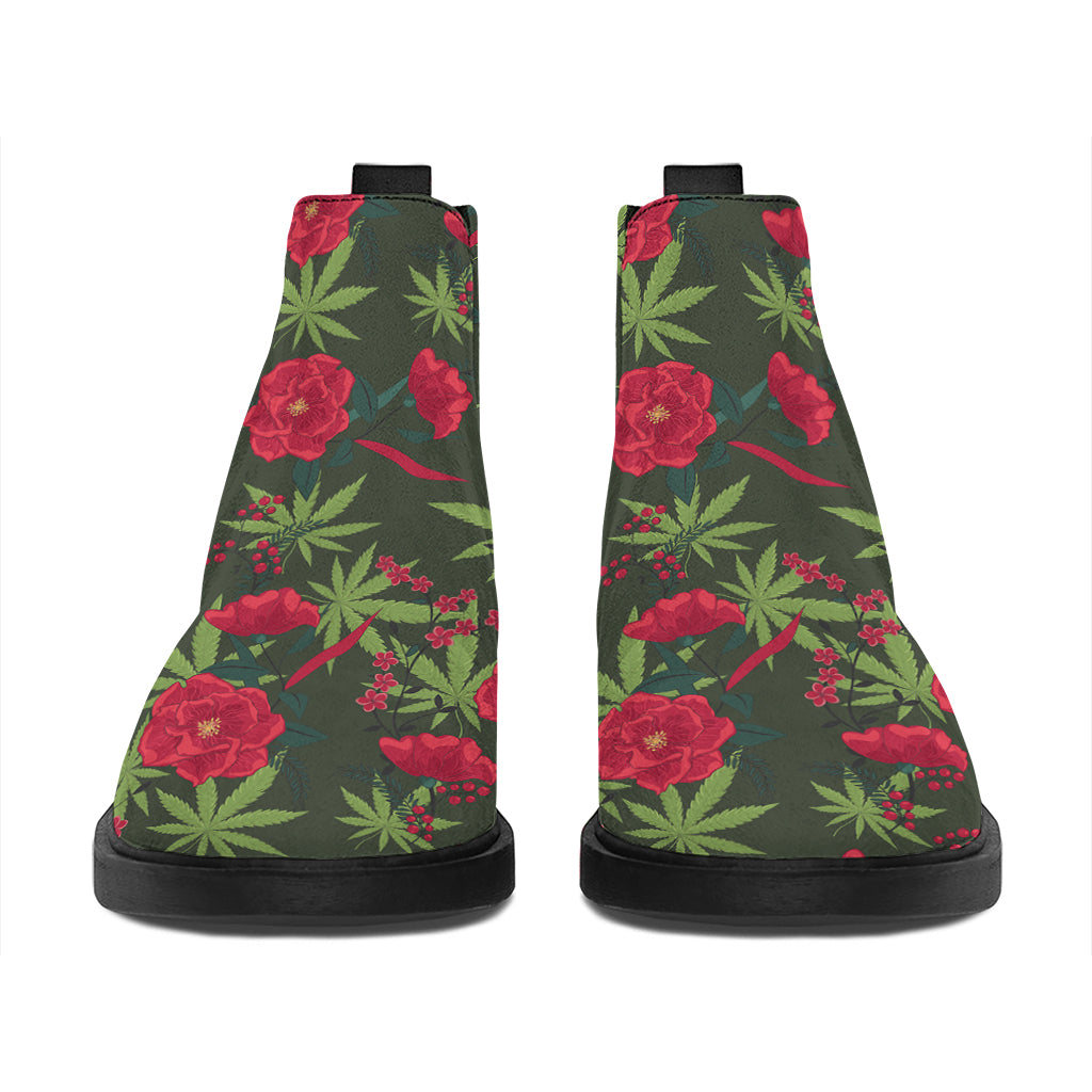 Hemp Leaves And Flowers Pattern Print Flat Ankle Boots