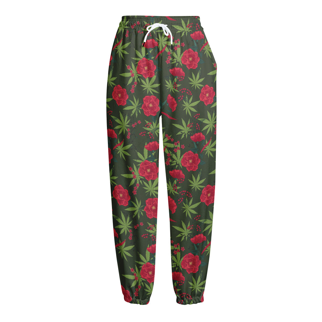 Hemp Leaves And Flowers Pattern Print Fleece Lined Knit Pants