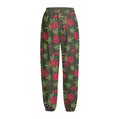 Hemp Leaves And Flowers Pattern Print Fleece Lined Knit Pants