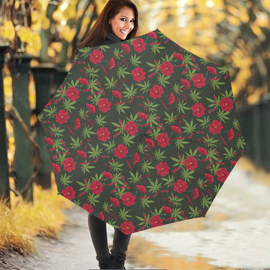 Hemp Leaves And Flowers Pattern Print Foldable Umbrella