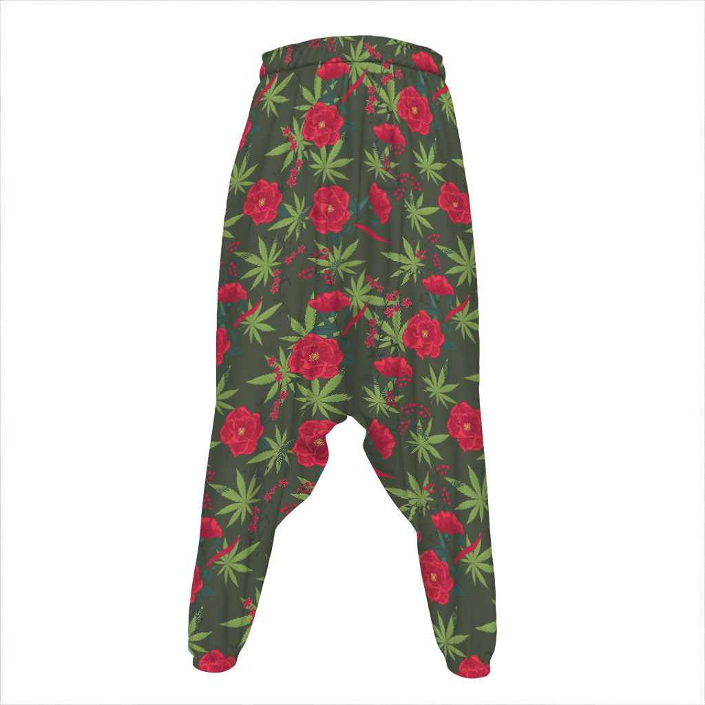Hemp Leaves And Flowers Pattern Print Hammer Pants