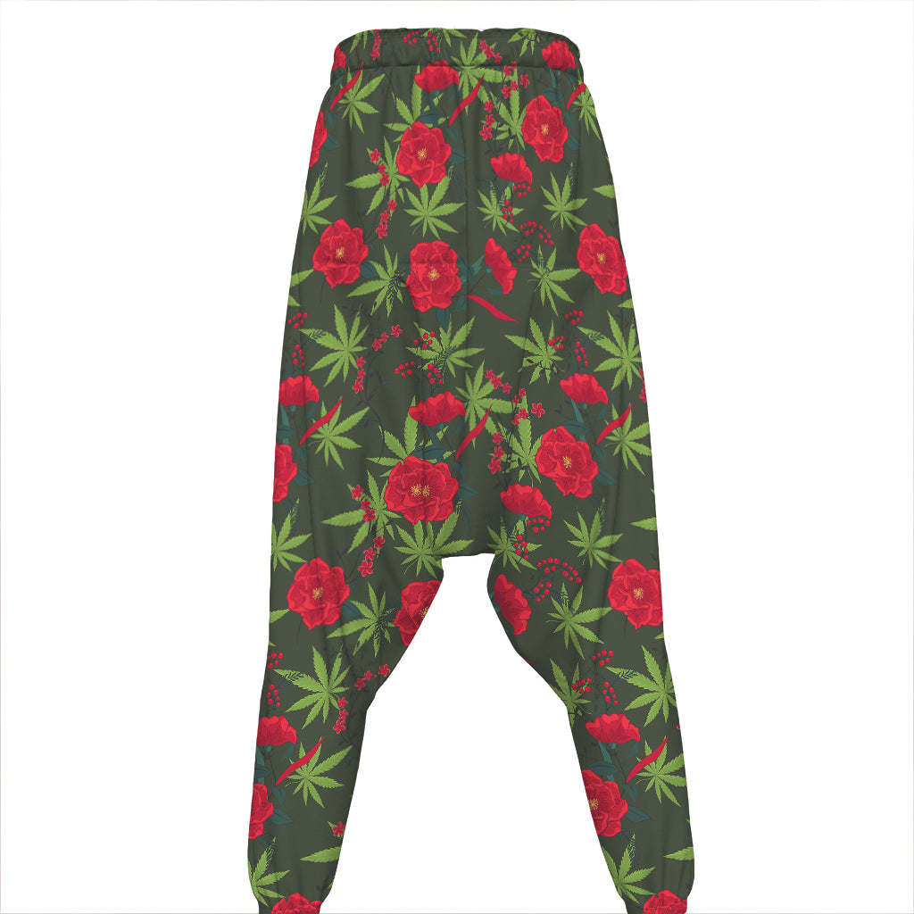 Hemp Leaves And Flowers Pattern Print Hammer Pants