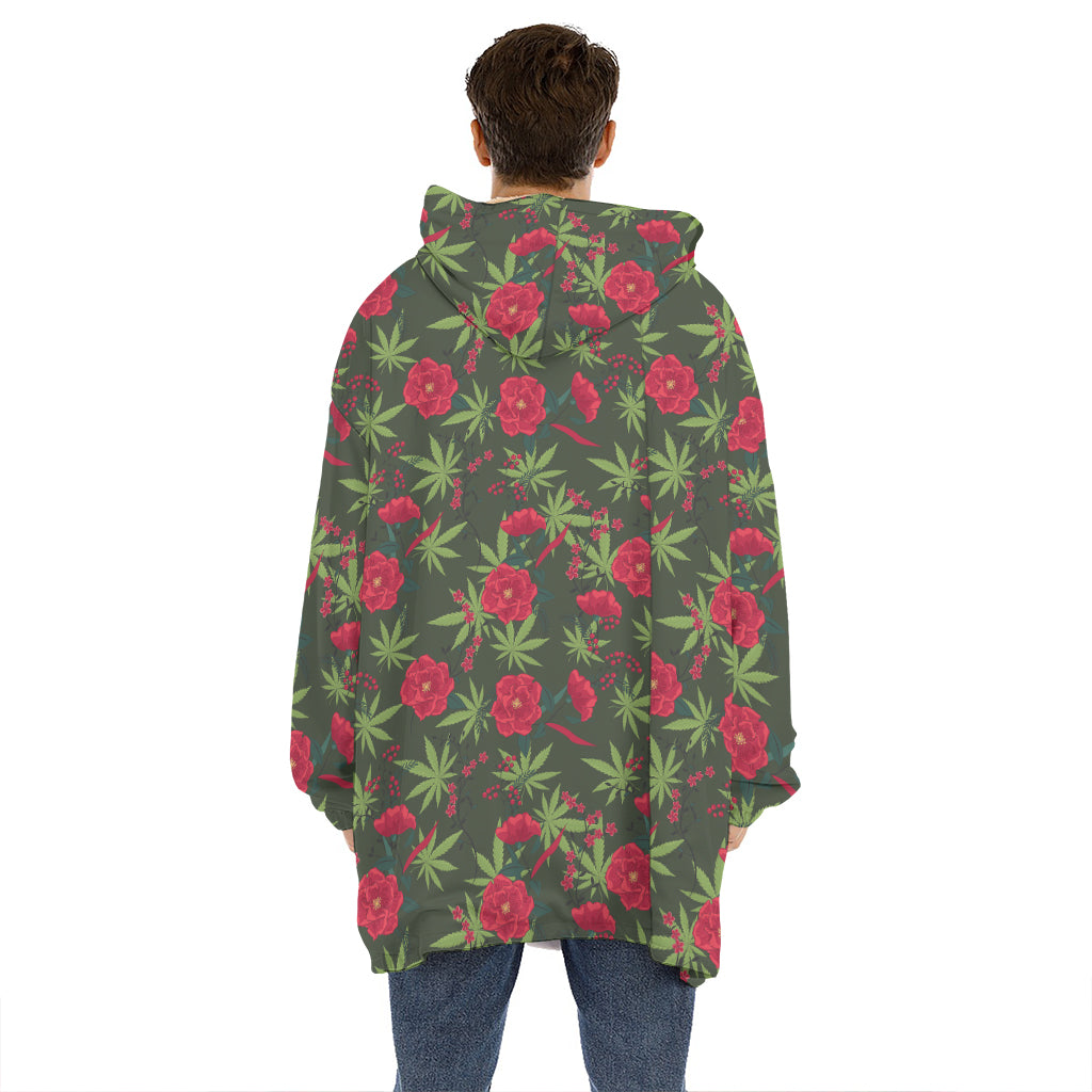 Hemp Leaves And Flowers Pattern Print Hoodie Blanket