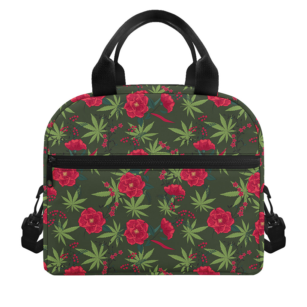 Hemp Leaves And Flowers Pattern Print Insulated Lunch Bag