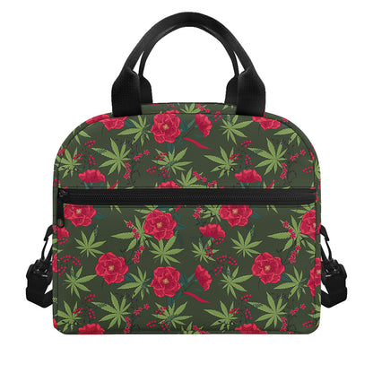 Hemp Leaves And Flowers Pattern Print Insulated Lunch Bag