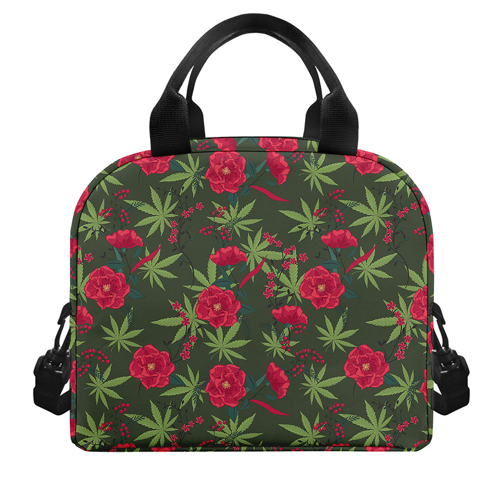 Hemp Leaves And Flowers Pattern Print Insulated Lunch Bag