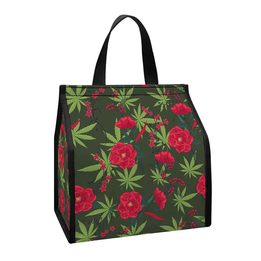 Hemp Leaves And Flowers Pattern Print Insulated Lunch Tote