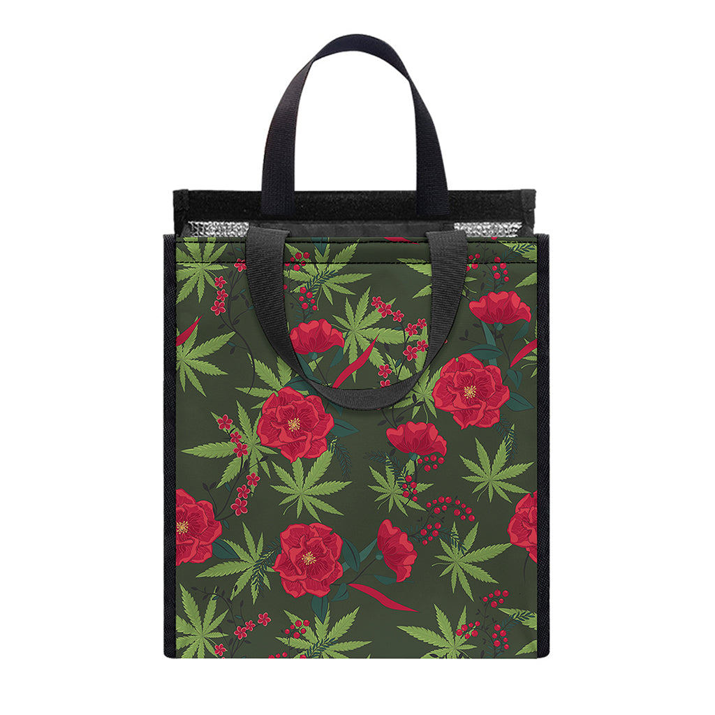 Hemp Leaves And Flowers Pattern Print Insulated Lunch Tote