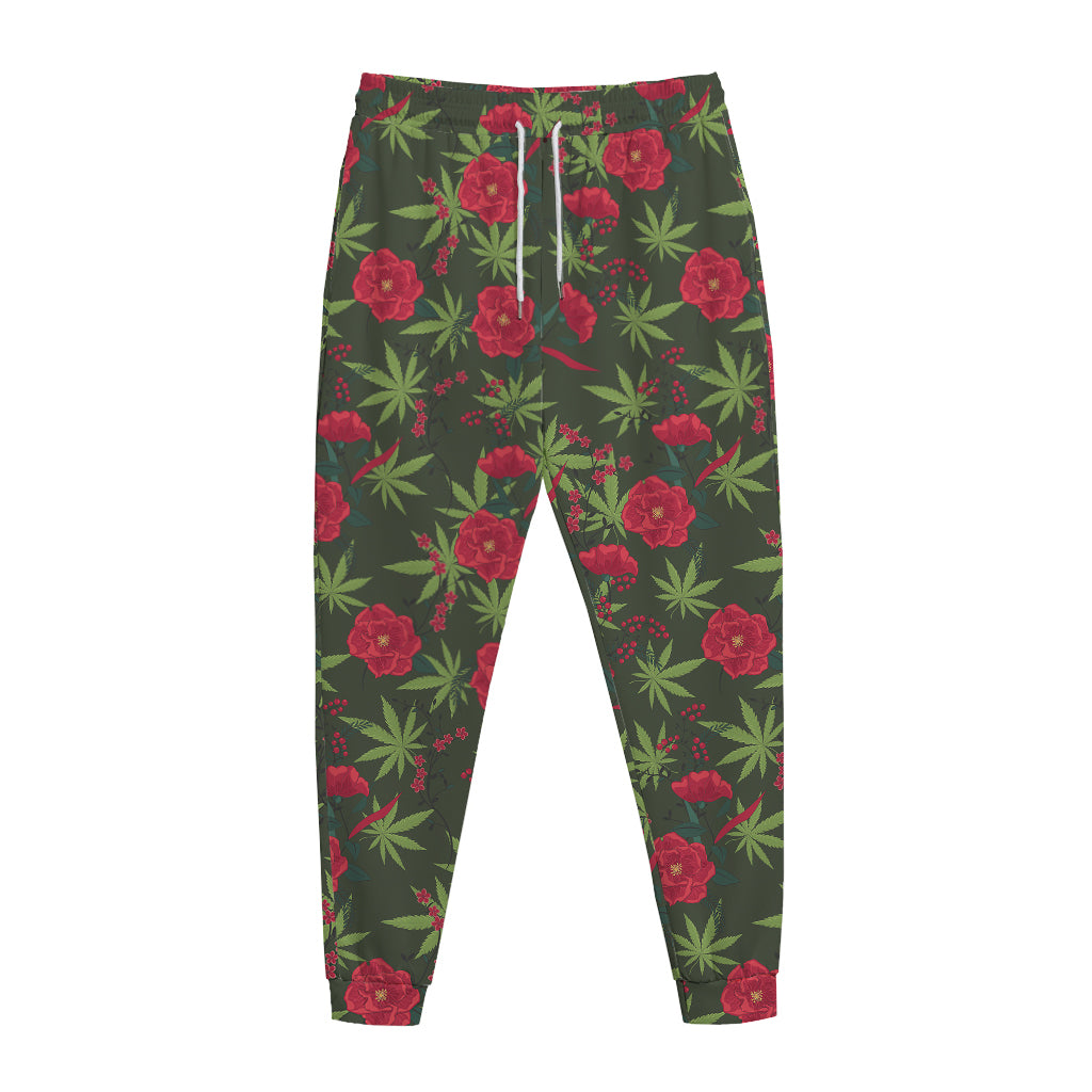 Hemp Leaves And Flowers Pattern Print Jogger Pants