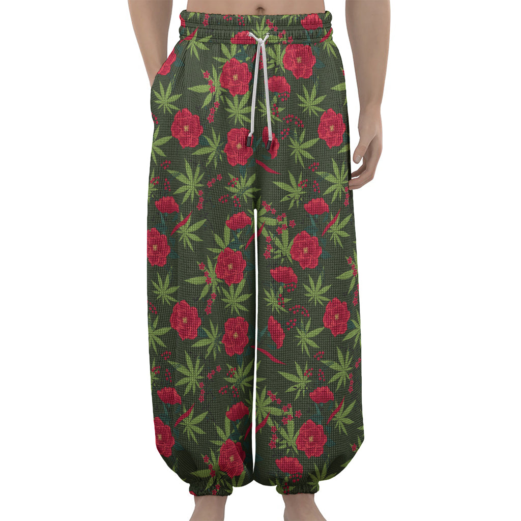 Hemp Leaves And Flowers Pattern Print Lantern Pants