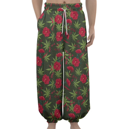 Hemp Leaves And Flowers Pattern Print Lantern Pants