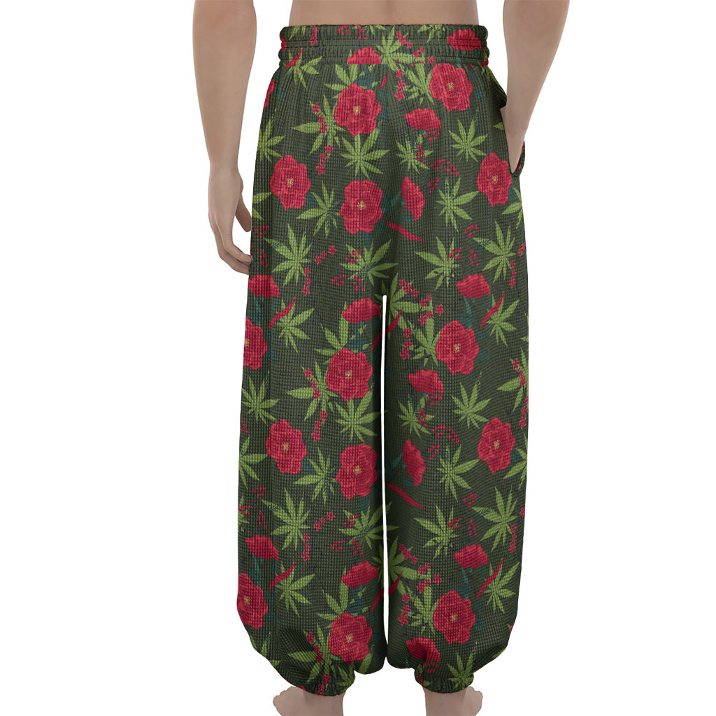 Hemp Leaves And Flowers Pattern Print Lantern Pants