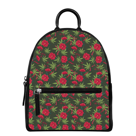 Hemp Leaves And Flowers Pattern Print Leather Backpack