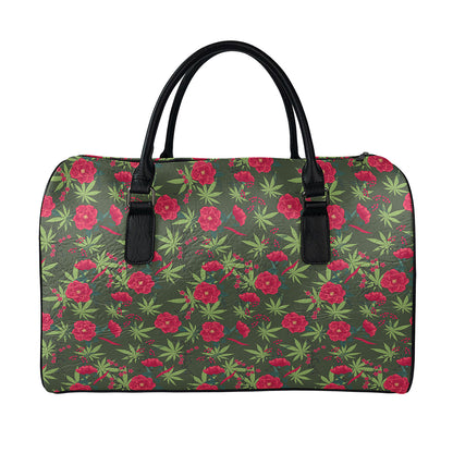 Hemp Leaves And Flowers Pattern Print Leather Duffle Bag