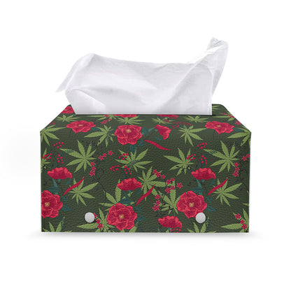 Hemp Leaves And Flowers Pattern Print Leather Tissue Box Cover