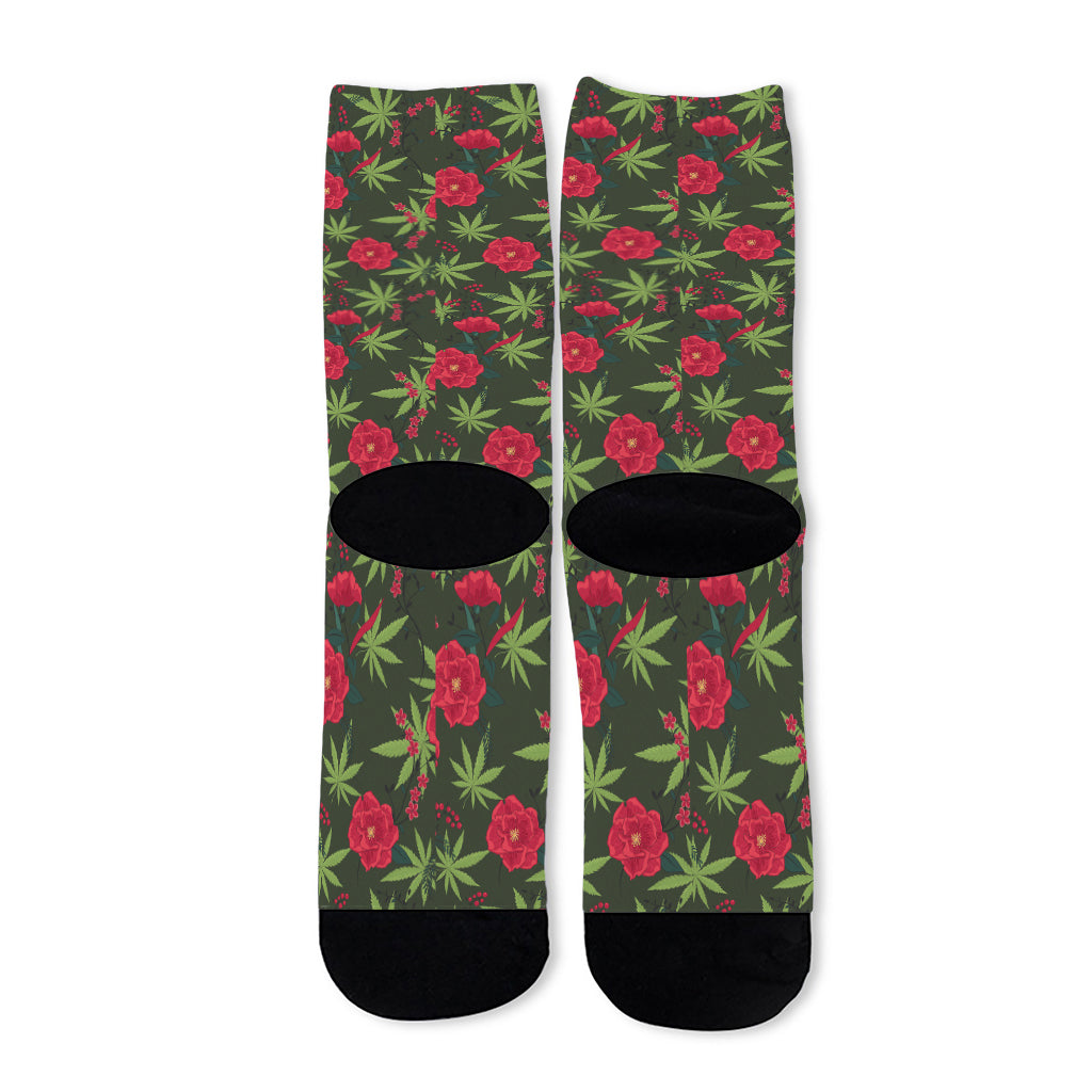 Hemp Leaves And Flowers Pattern Print Long Socks