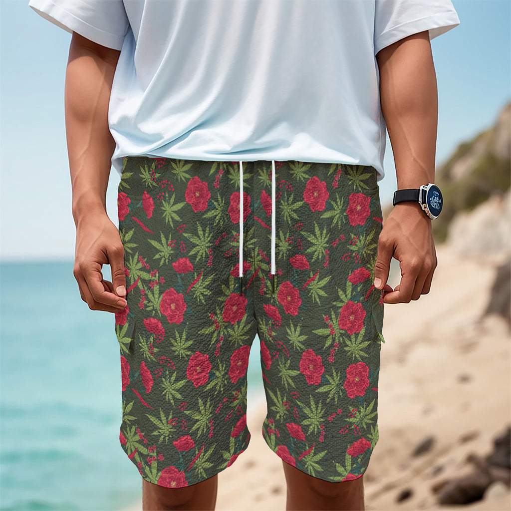 Hemp Leaves And Flowers Pattern Print Men's Cargo Shorts