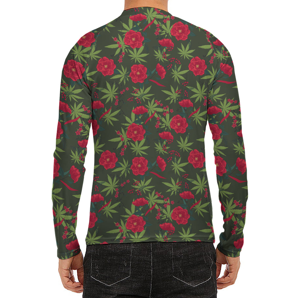 Hemp Leaves And Flowers Pattern Print Men's Long Sleeve Rash Guard