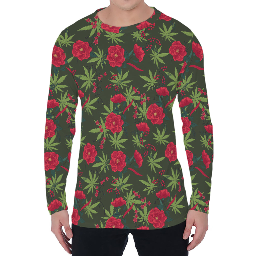 Hemp Leaves And Flowers Pattern Print Men's Long Sleeve T-Shirt
