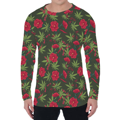 Hemp Leaves And Flowers Pattern Print Men's Long Sleeve T-Shirt